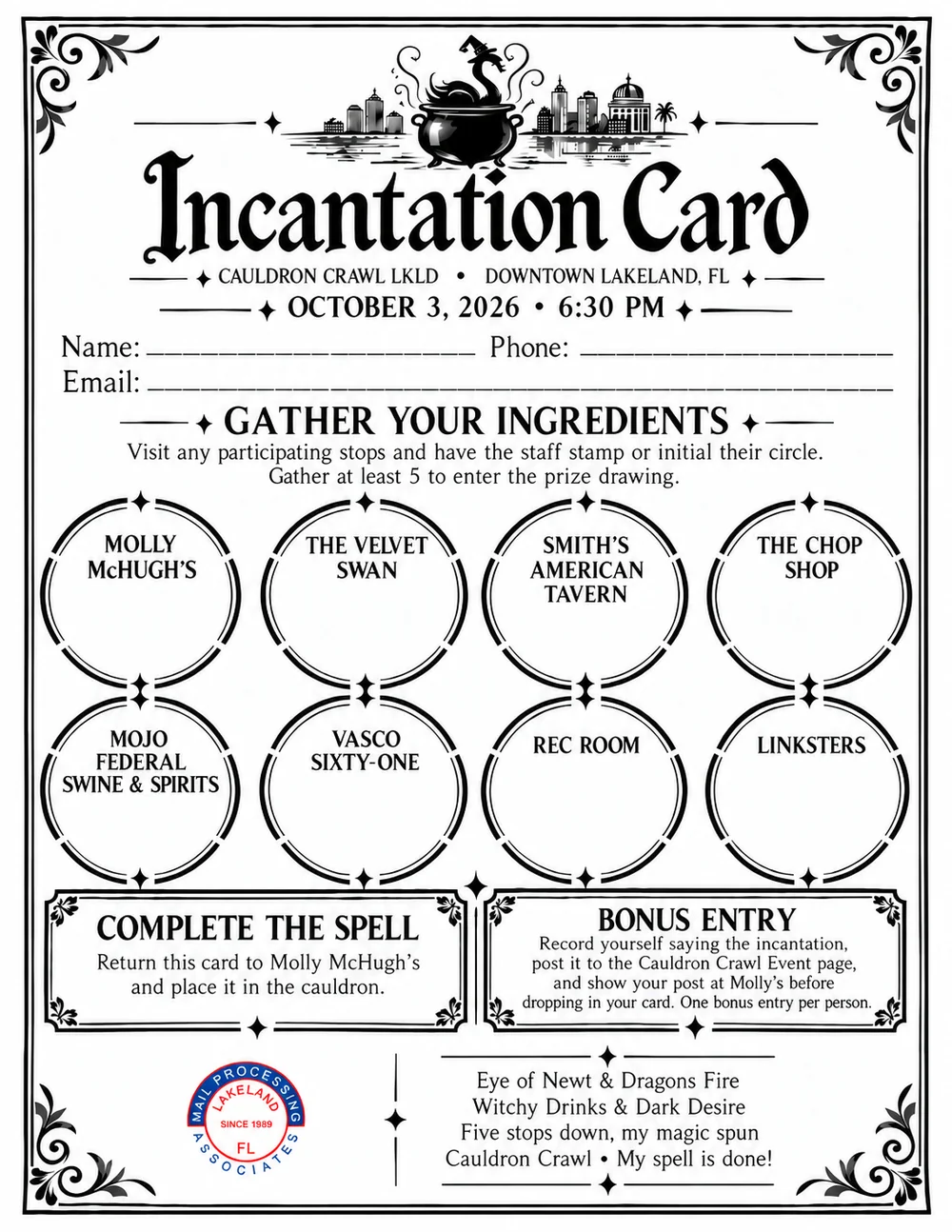 The 2026 Incantation Card: eight circles to be stamped at the participating bars,
           name and contact lines, and the incantation printed at the foot.